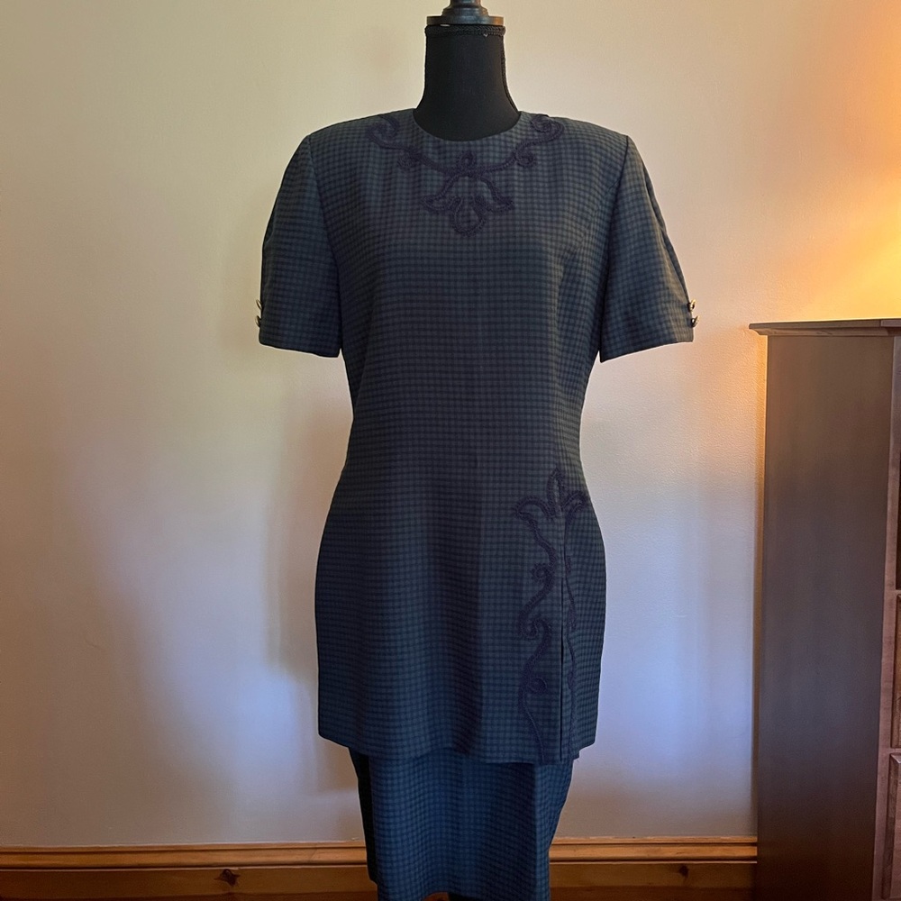 Vintage 80s Danny & Nicole Checkered Plaid Navy and Green Short Sleeve Dress
